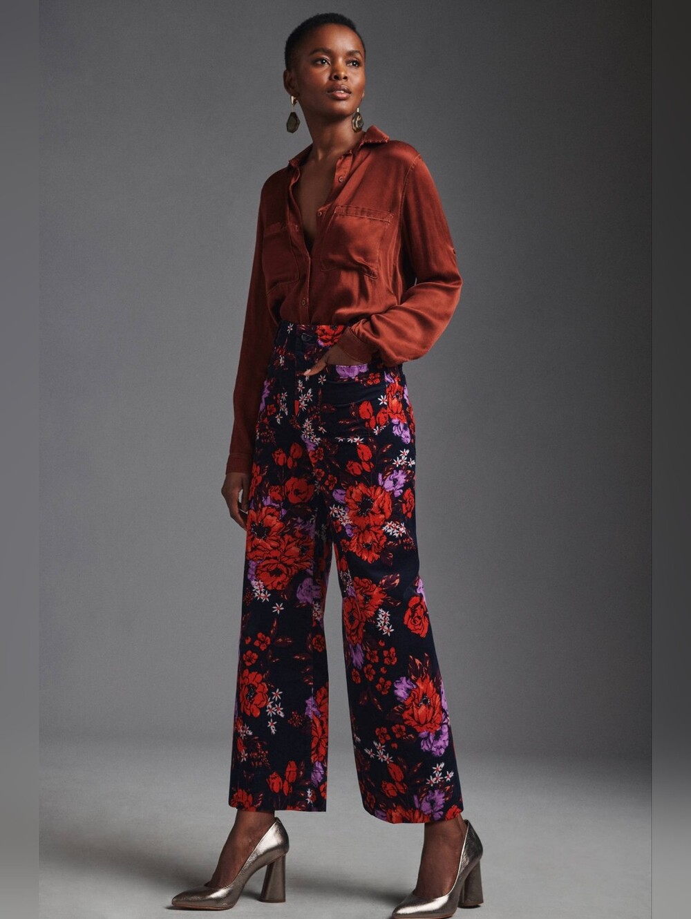 Maeve The Colette Cropped Wide-Leg Velvet Pants 30 Red Garden Floral